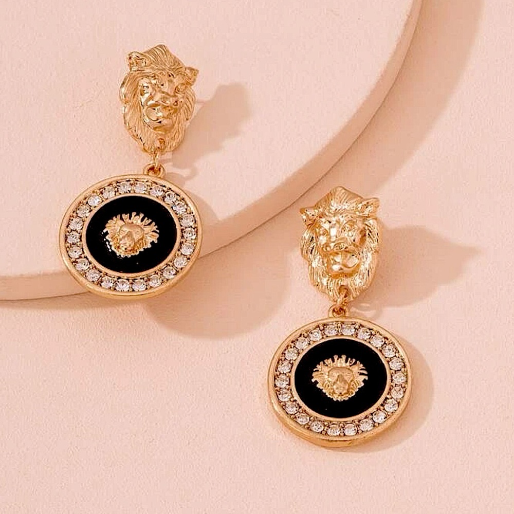 Vintage 90s Style Gold Lion White Zircon Black Lacquer Statement Earrings - Picture 12 of 12